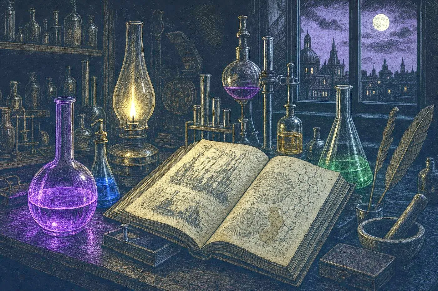 A dark chemistry laboratory at night lit by glowing colored beakers