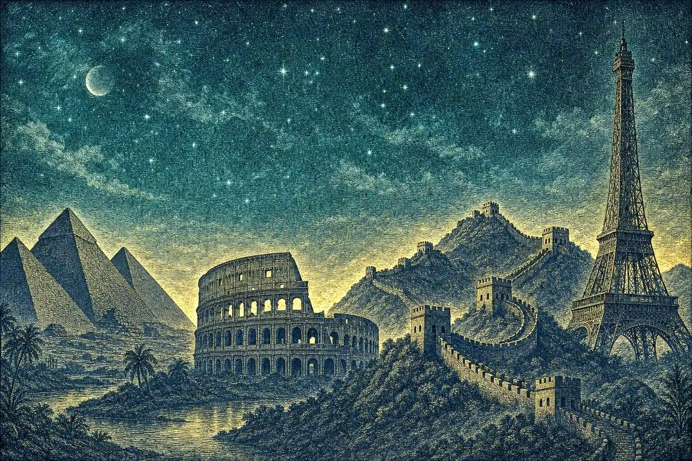 Iconic world landmarks — pyramids, the Colosseum, the Great Wall, and the Eiffel Tower — silhouetted under a starlit sky