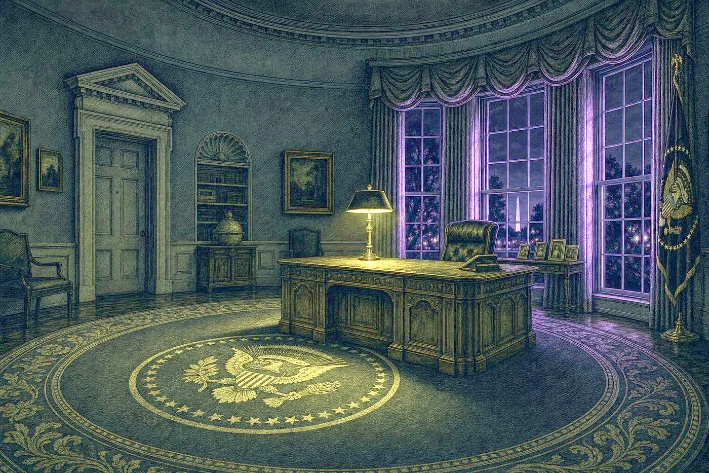 An empty, lamp-lit oval office at night with a presidential seal woven into the rug