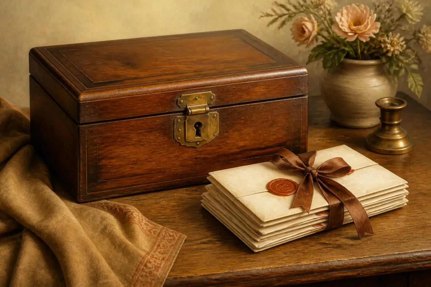 An antique locked wooden chest beside a bundle of sealed letters tied with ribbon