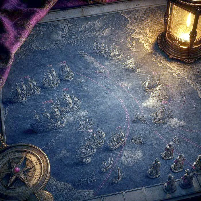 A close-up of an antique naval battle map with ship formations sketched across it