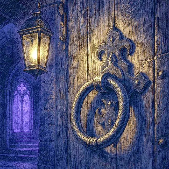 A heavy wooden church door with an iron ring handle, lit by a single lantern