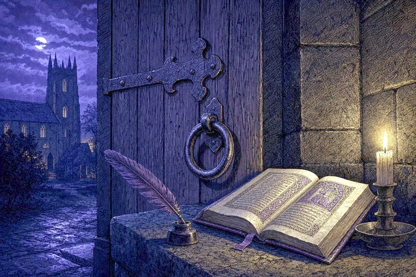A quill and an open manuscript resting beside a candlelit church door