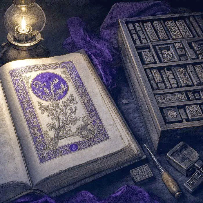 An illuminated manuscript page beside an early printing-press letter block set