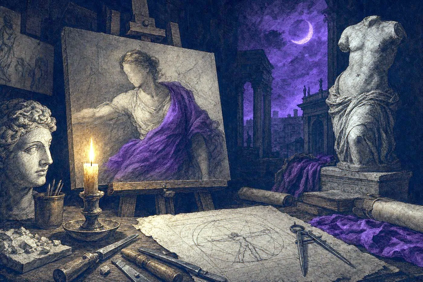 A candlelit Renaissance artist's studio with an easel, sculpting tools, and a compass over parchment