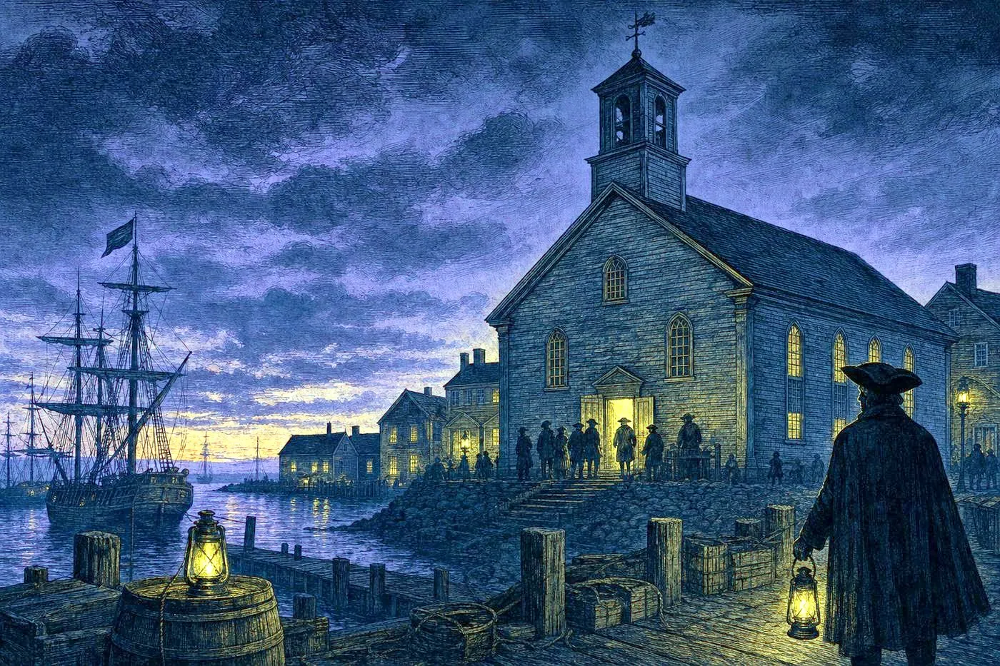 A small colonial harbor town at dusk with a weathered wooden meetinghouse by the water