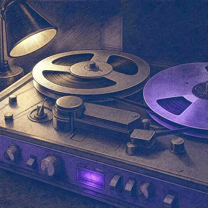 A close-up of an antique reel-to-reel tape recorder under warm lamplight