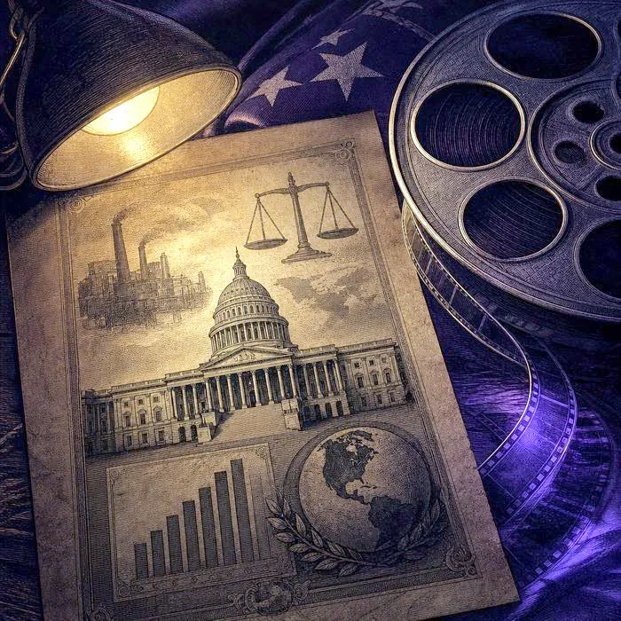 A close-up of an antique economic policy document and vintage film reel