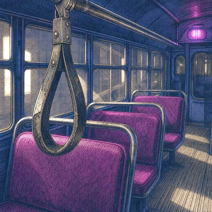 A close-up of empty bus seats and a hand strap inside a vintage city bus
