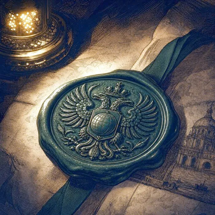 A close-up of an antique imperial wax seal on a formal document