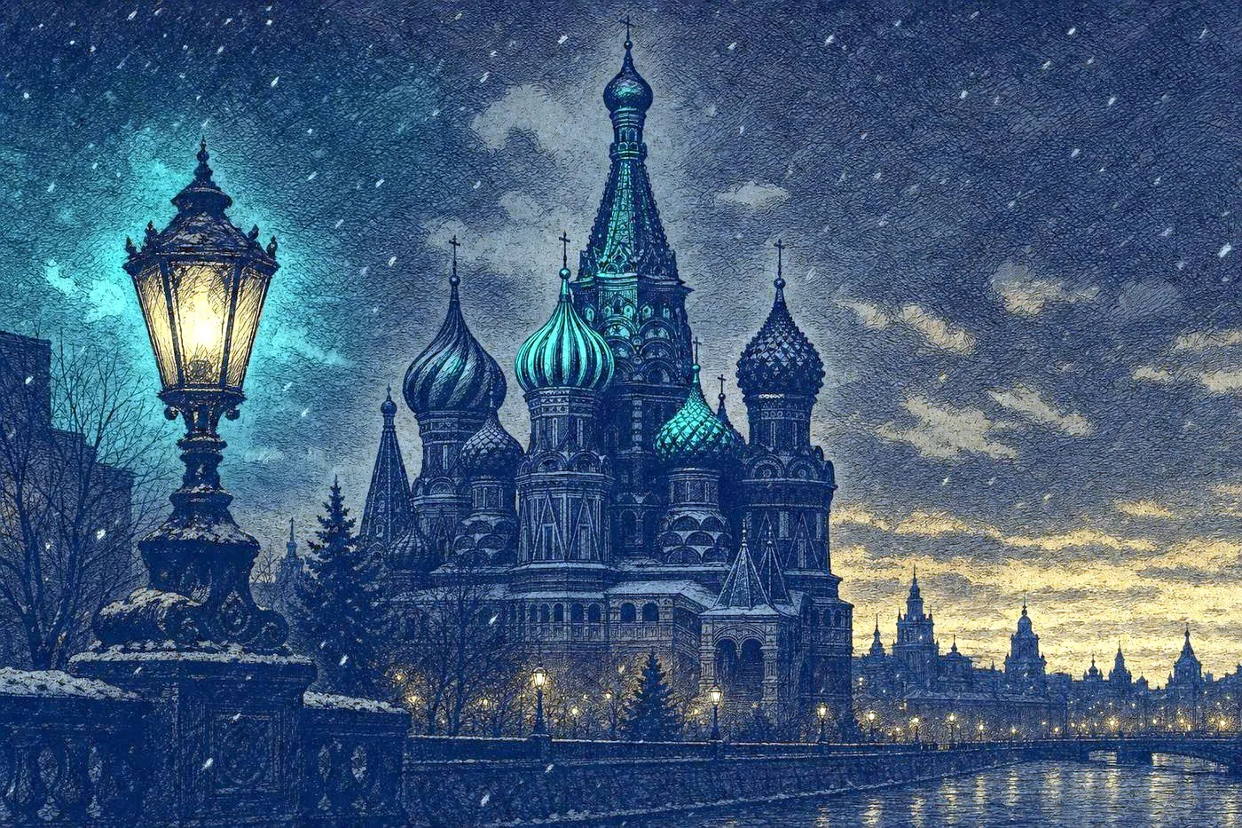 An onion-domed cathedral silhouette against a snowy dusk sky