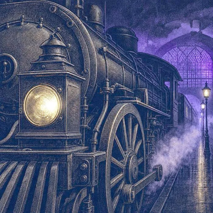 An old steam locomotive lantern emerging from night fog at a station platform