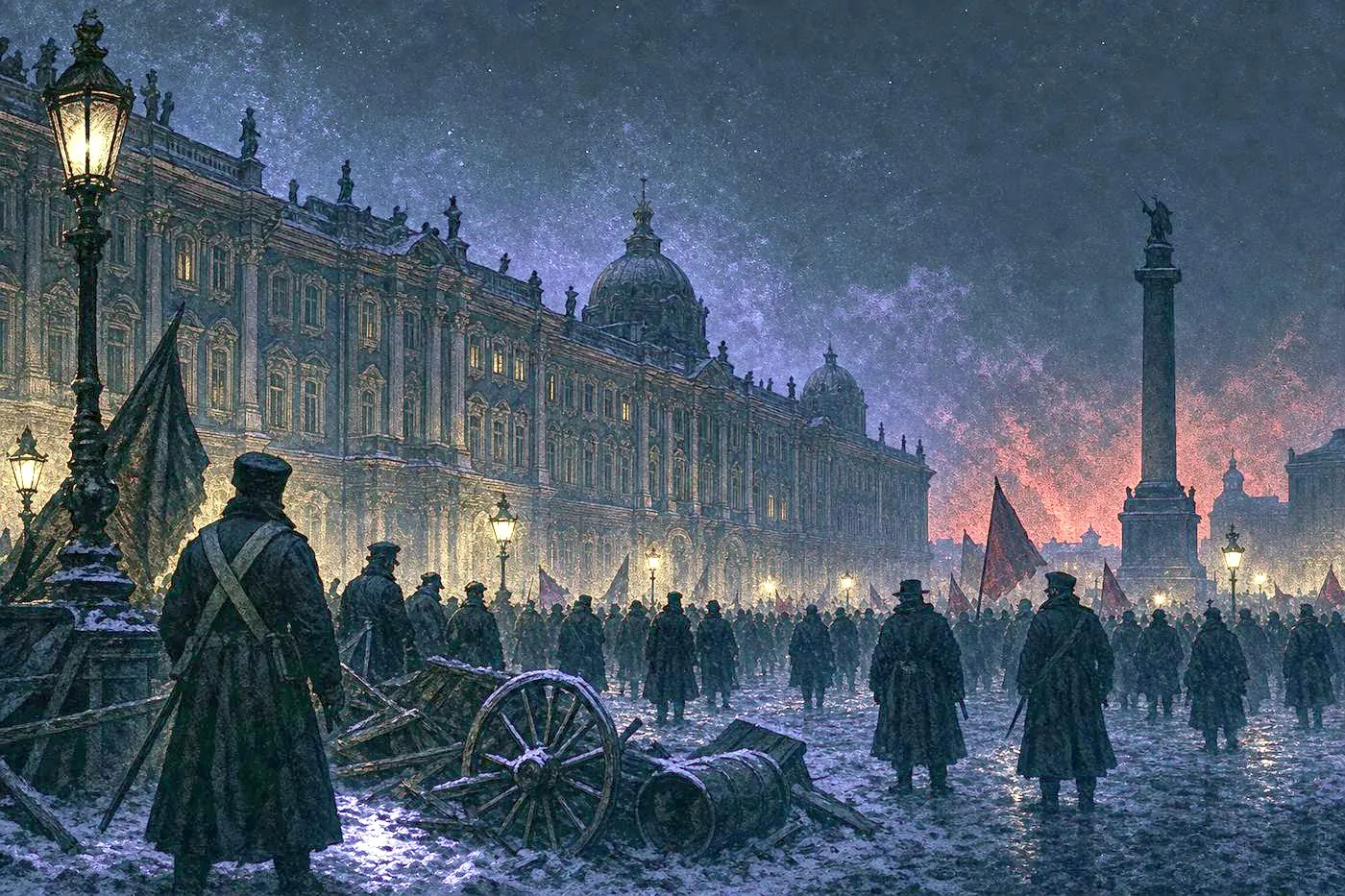 A dark palace facade and a crowded plaza glowing with distant banners at night
