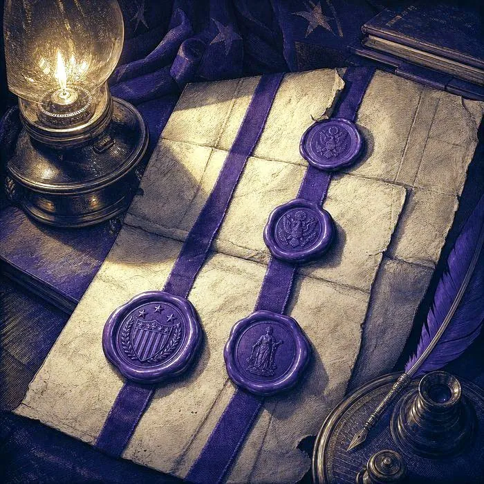 A close-up of an antique compromise agreement document bearing multiple wax seals, lit by a single warm lamp