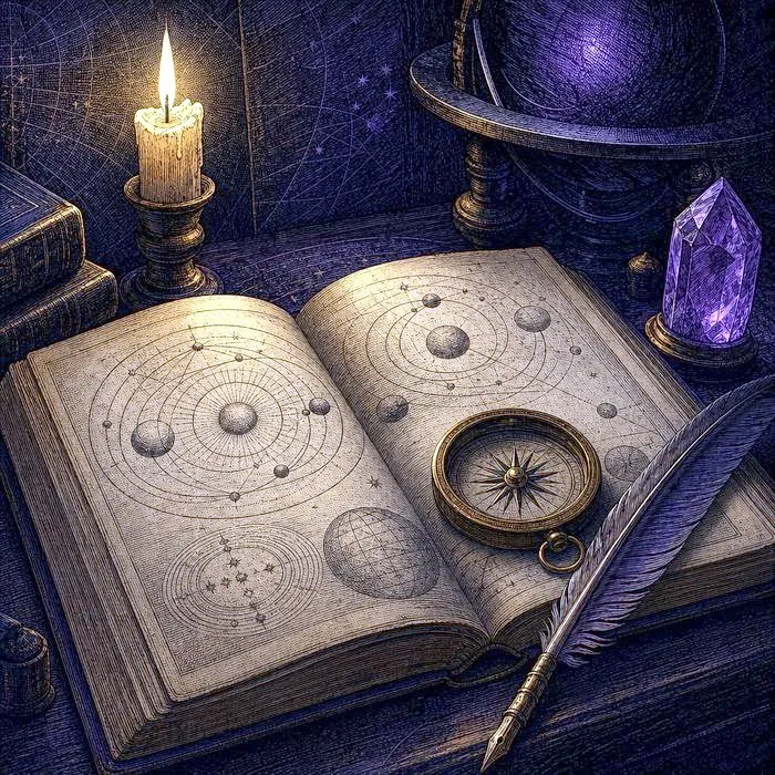An open antique book with engraved geometric diagrams of planetary orbits beside a brass compass and quill