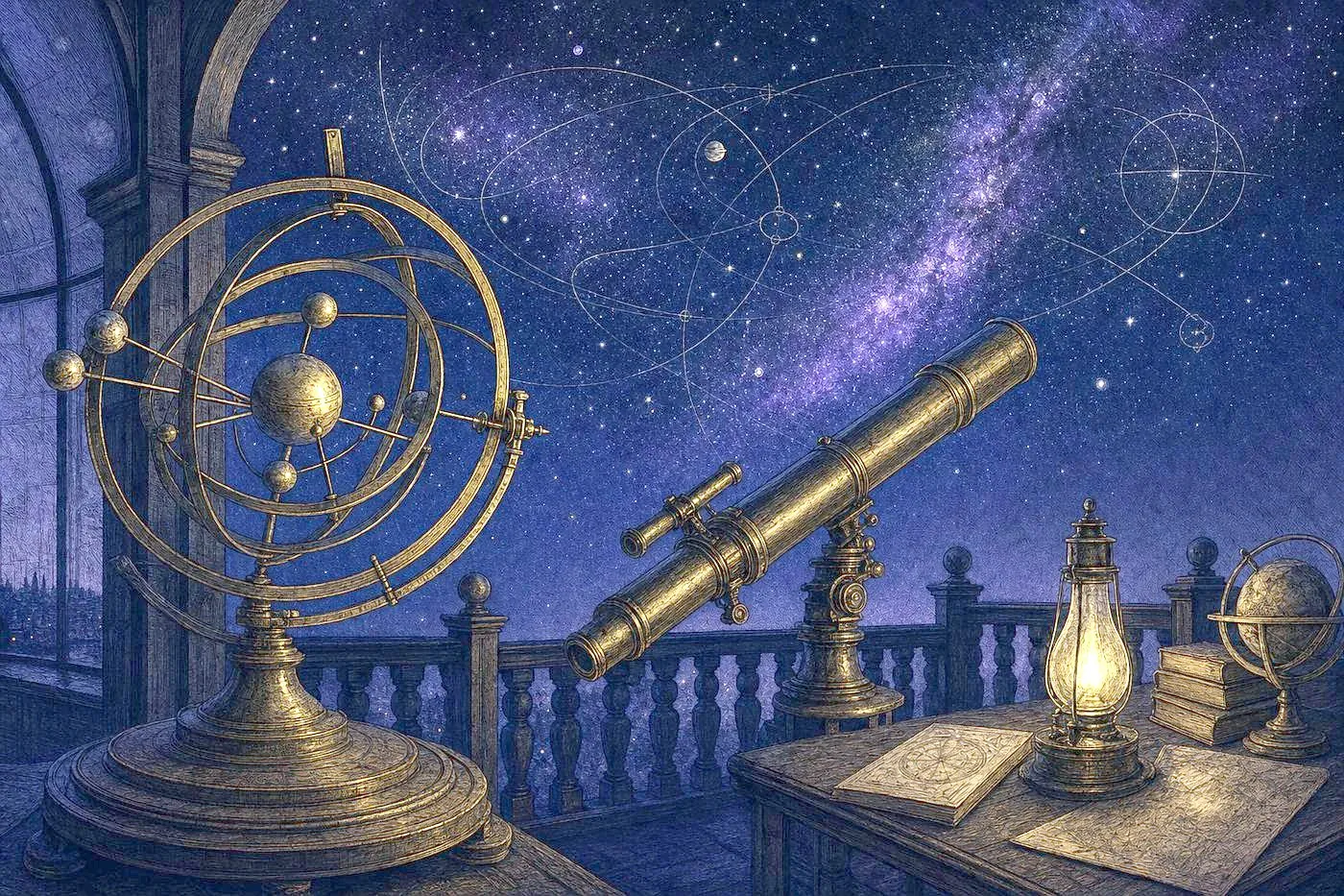 An antique brass orrery and telescope angled toward a star-filled night sky