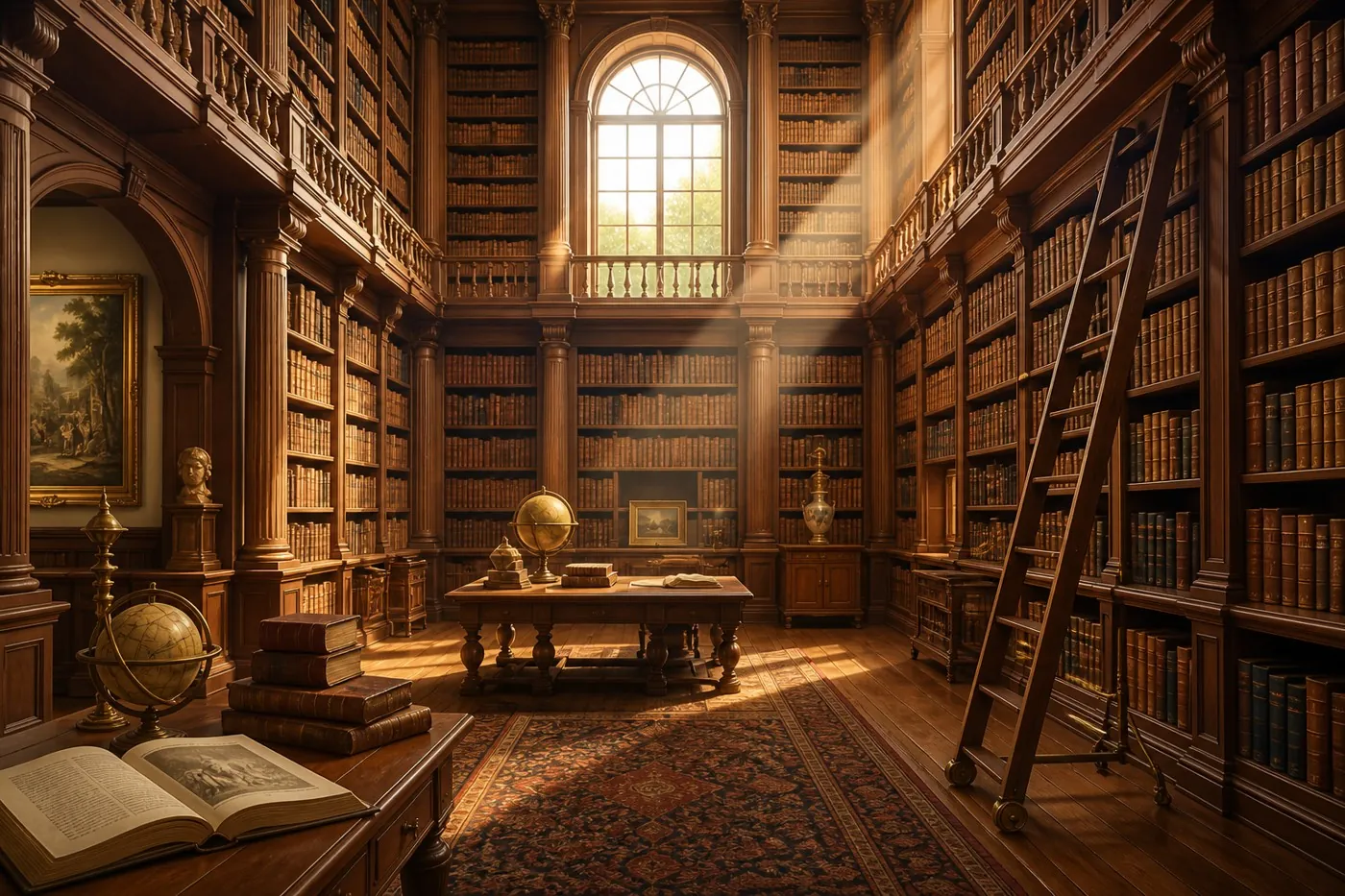 A grand antique library with tall wooden shelves of bound historical volumes, a rolling ladder, and warm light from a high window
