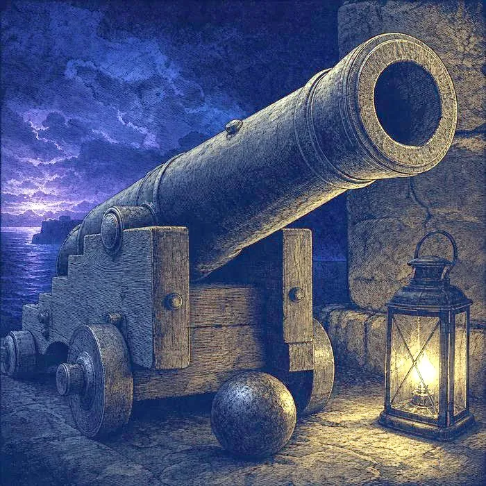 Antique coastal cannon and cannonball on stone