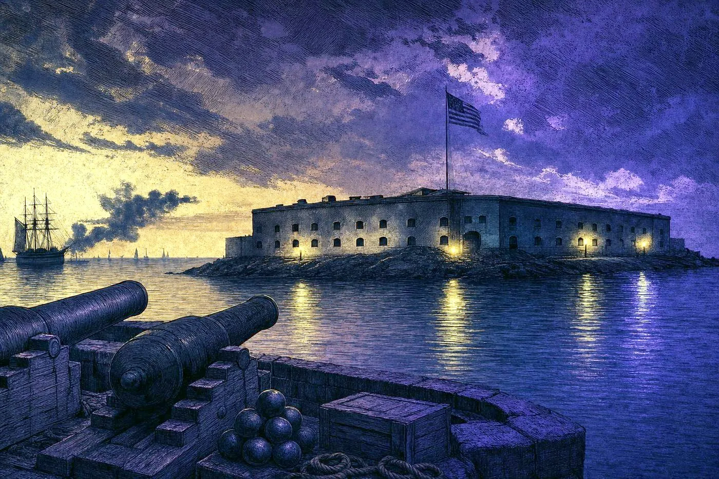 A coastal fort silhouette on a harbor island at dusk with calm water reflecting the sky