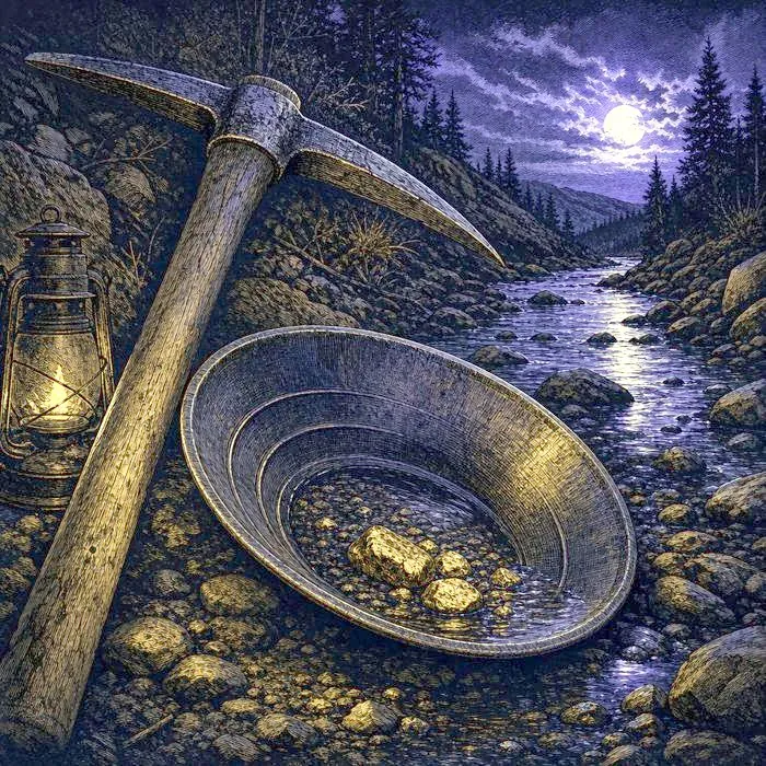 A gold-rush era pickaxe and gold pan beside a Black Hills stream