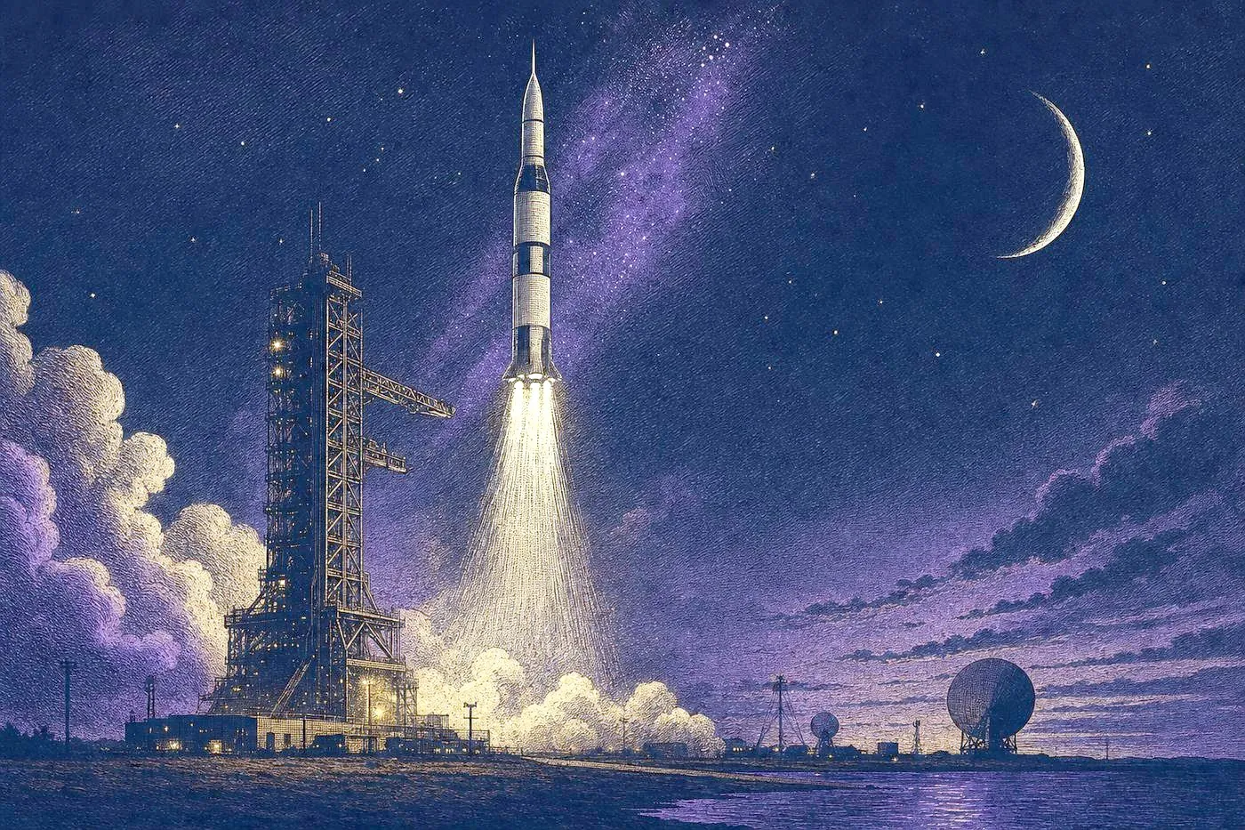A solitary rocket rising through a starlit night sky above a launch tower