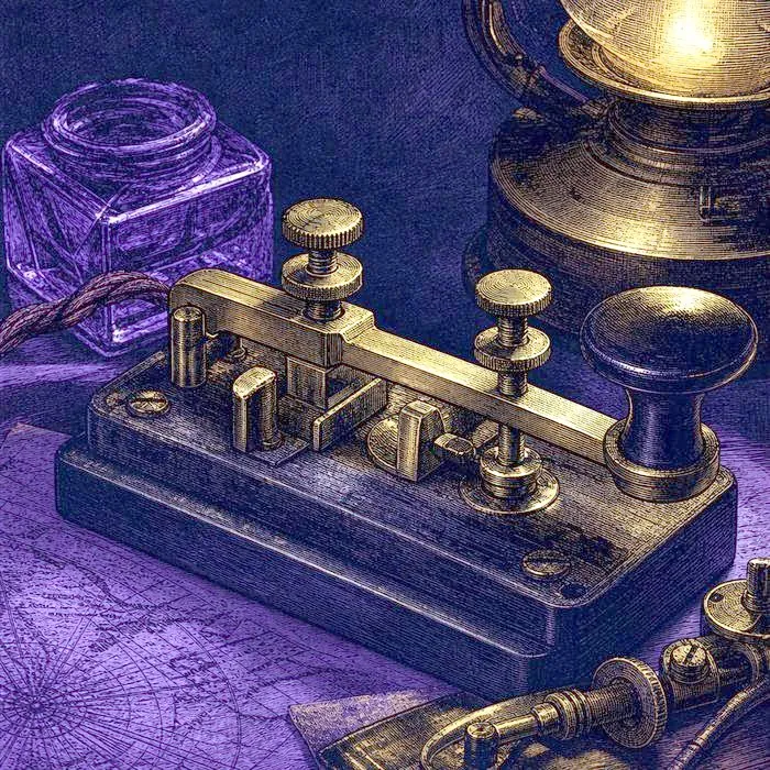 A close-up of an antique brass telegraph key