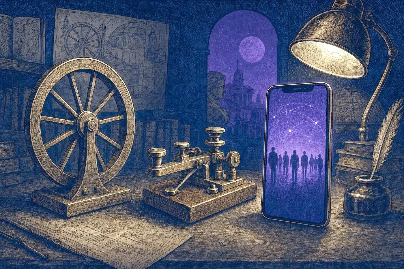 A workbench with objects spanning eras of technology laid out under warm light