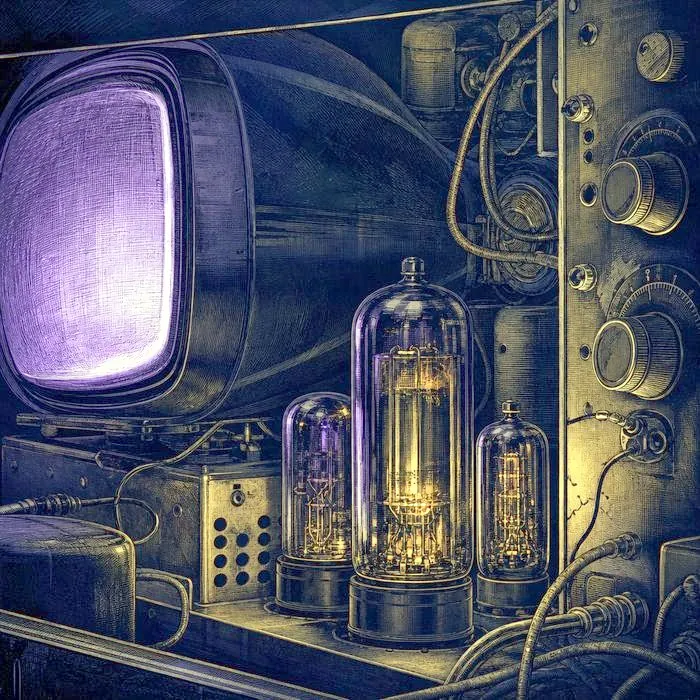 A glowing cathode-ray tube and exposed vacuum tubes on the open back panel of a vintage television set