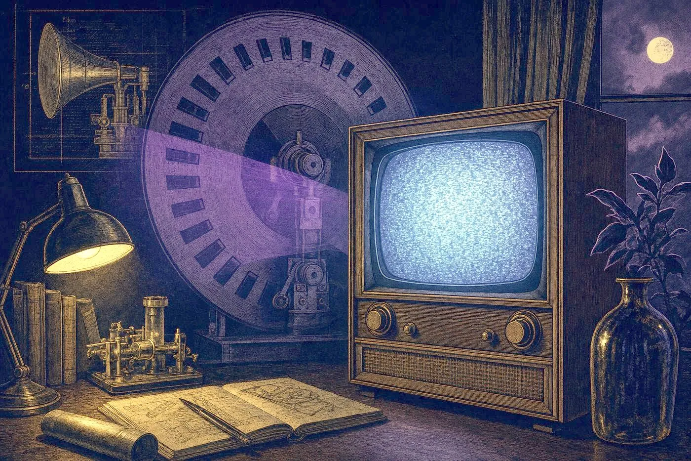 A vintage cathode-ray television set glowing in a dim room