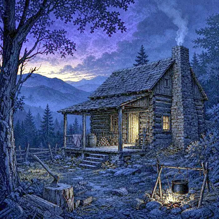 An antique frontier log cabin nestled in Appalachian hills at dusk