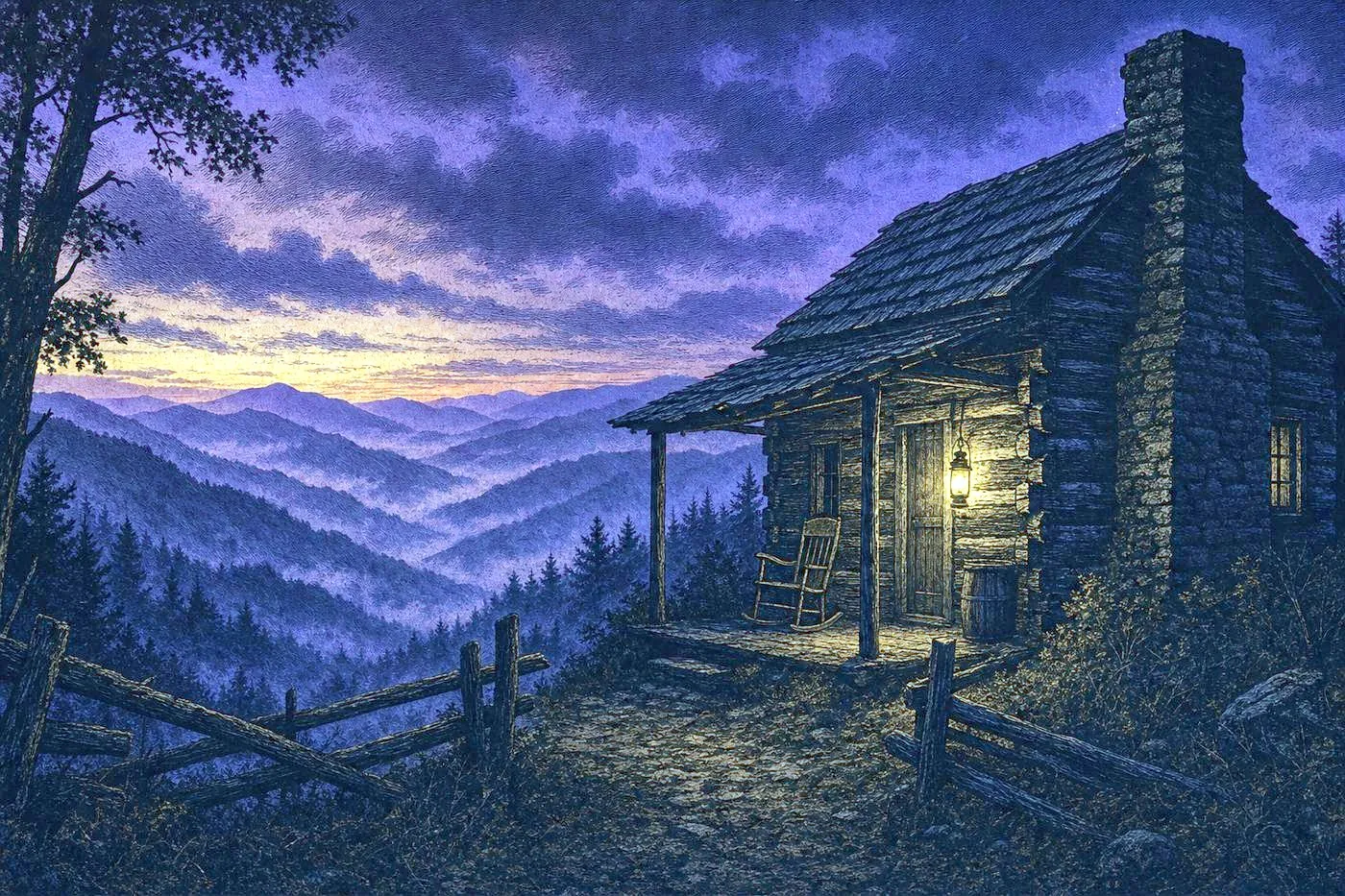 Misty Appalachian mountain ridge at dusk with weathered log-cabin silhouette
