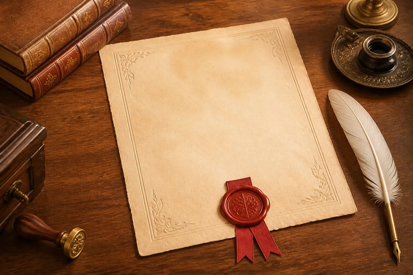 A formal parchment document sealed with a red wax stamp and ribbon, beside a quill pen
