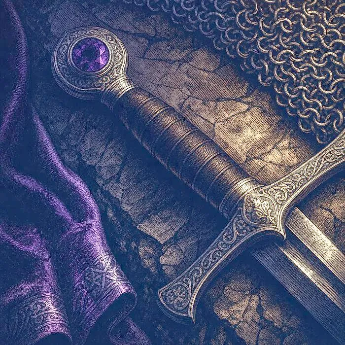 A close-up of an antique engraved sword hilt and chainmail fragment resting on stone