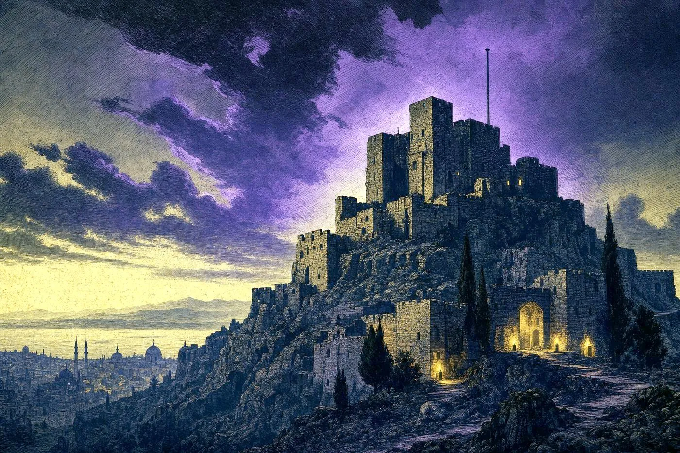 A weathered stone castle silhouette on a hilltop at dusk