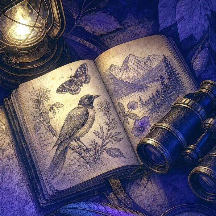 A close-up of an antique naturalist's field journal and binoculars under warm lamplight