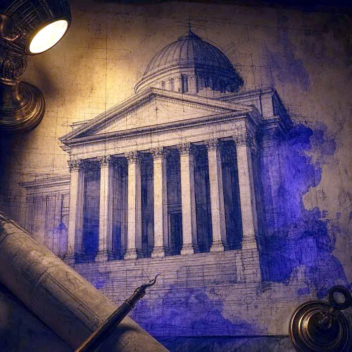 An architect's hand-drawn classical building elevation on aged parchment, lit by a single lamp