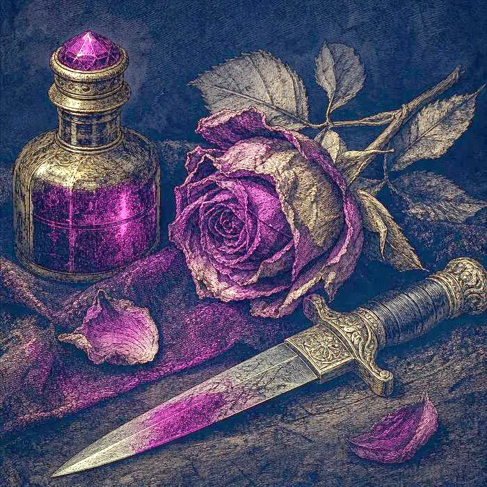 A close-up of a wilted rose beside an antique vial and dagger