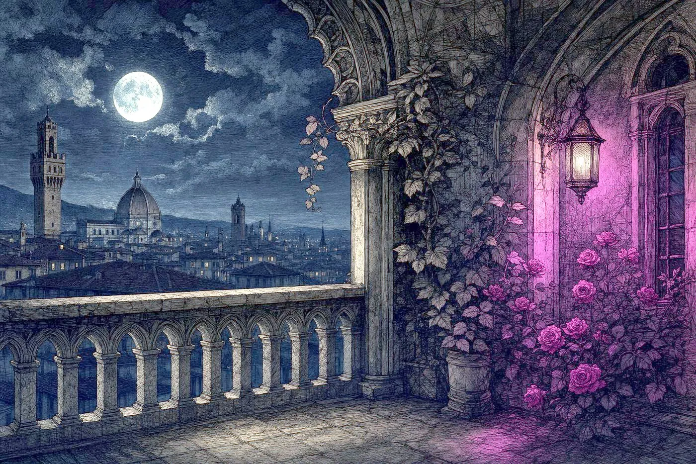 A moonlit stone balcony with climbing vines, no figures present