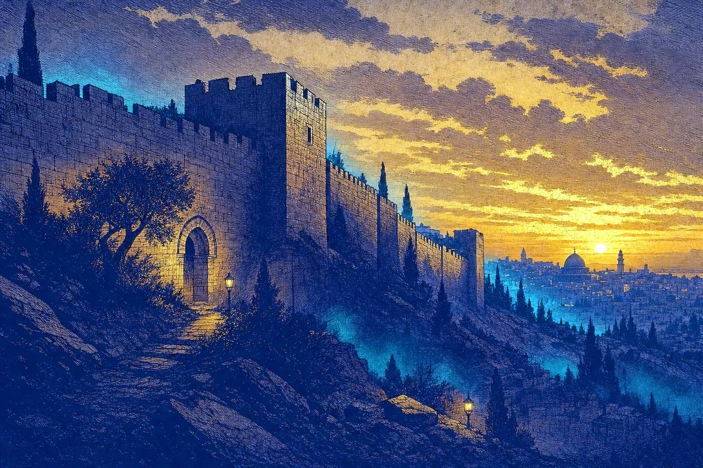 An ancient stone wall silhouette on a Jerusalem-style hillside landscape at dusk