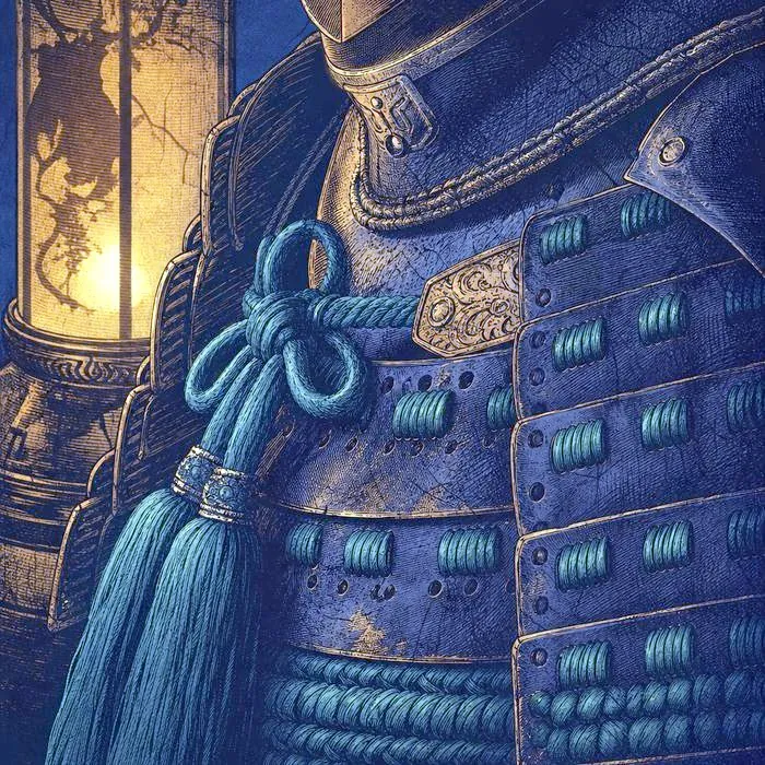 A close-up of antique samurai armor lacing detail