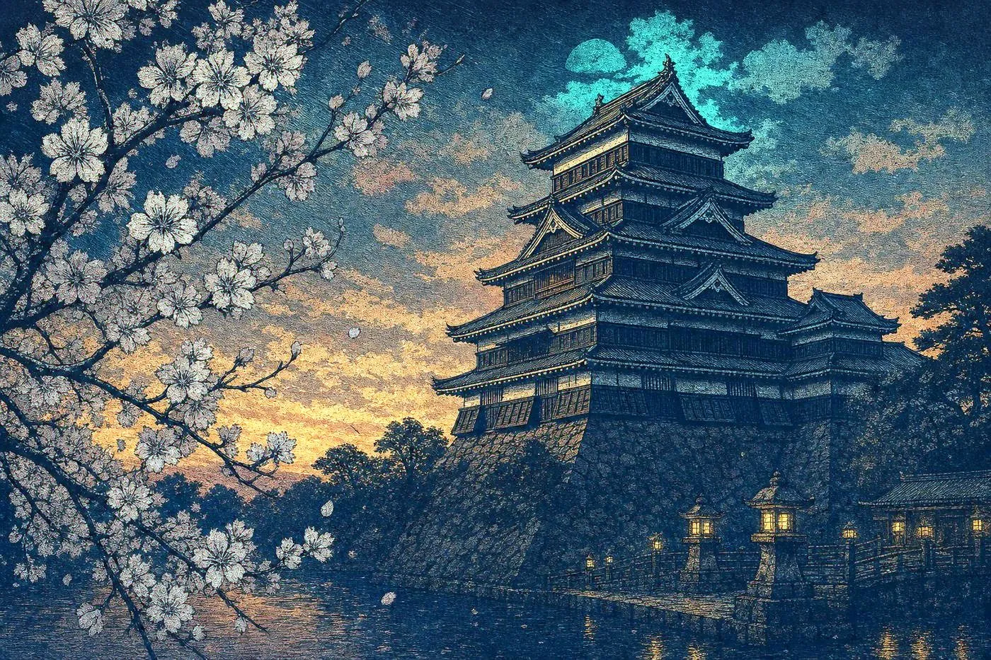 A feudal-era Japanese castle silhouette against a dusk sky with cherry blossom branches in the foreground