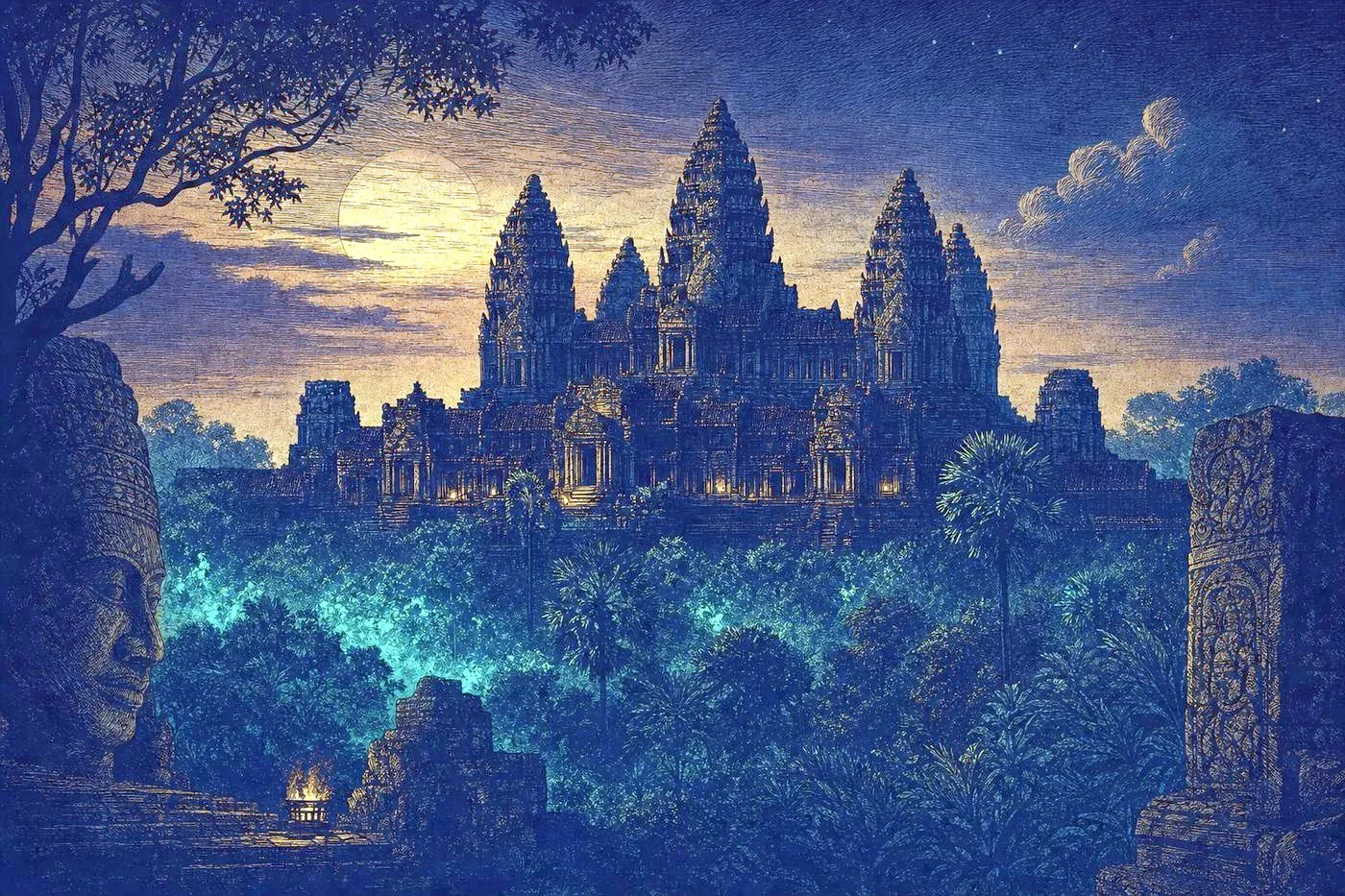 Silhouetted Angkor temple towers against a dusk sky