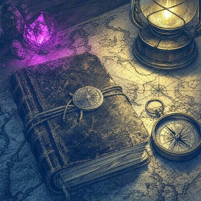 A close-up of an antique expedition journal and compass on a weathered map