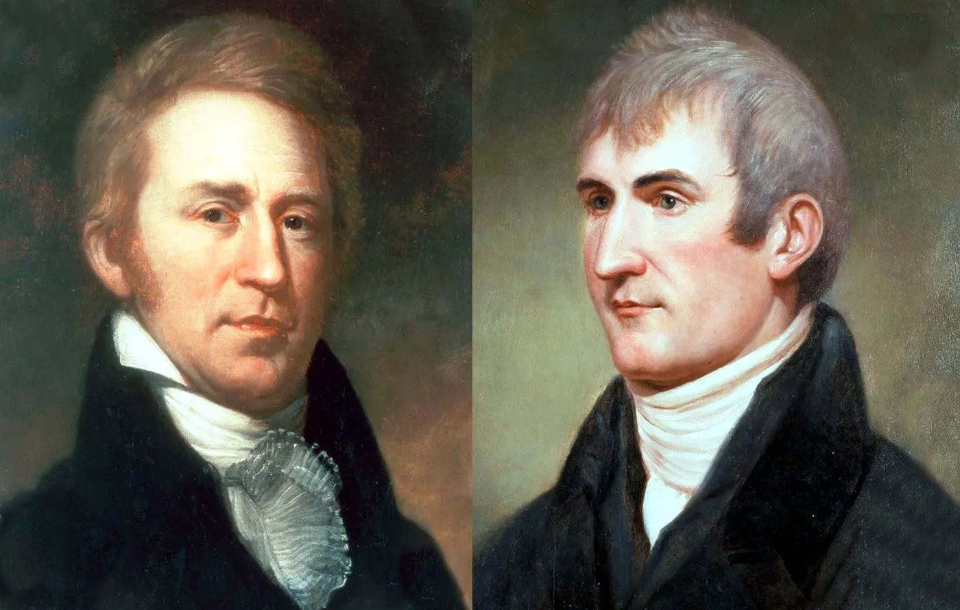 Side-by-side painted portraits of William Clark (left) and Meriwether Lewis (right) by Charles Willson Peale