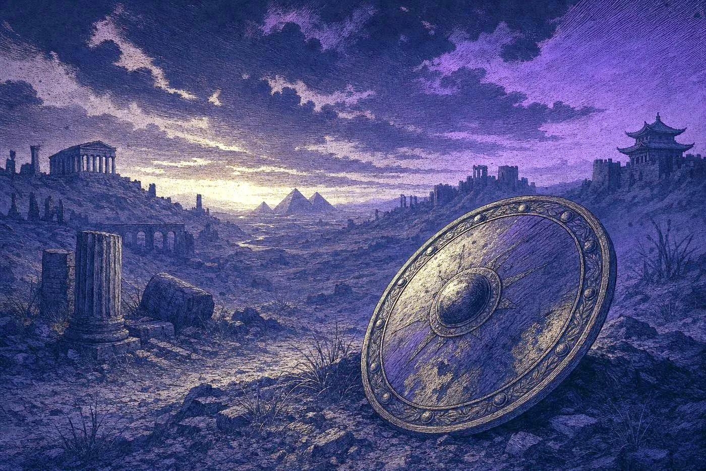 A quiet ancient battlefield landscape at dusk with a weathered shield resting on the ground