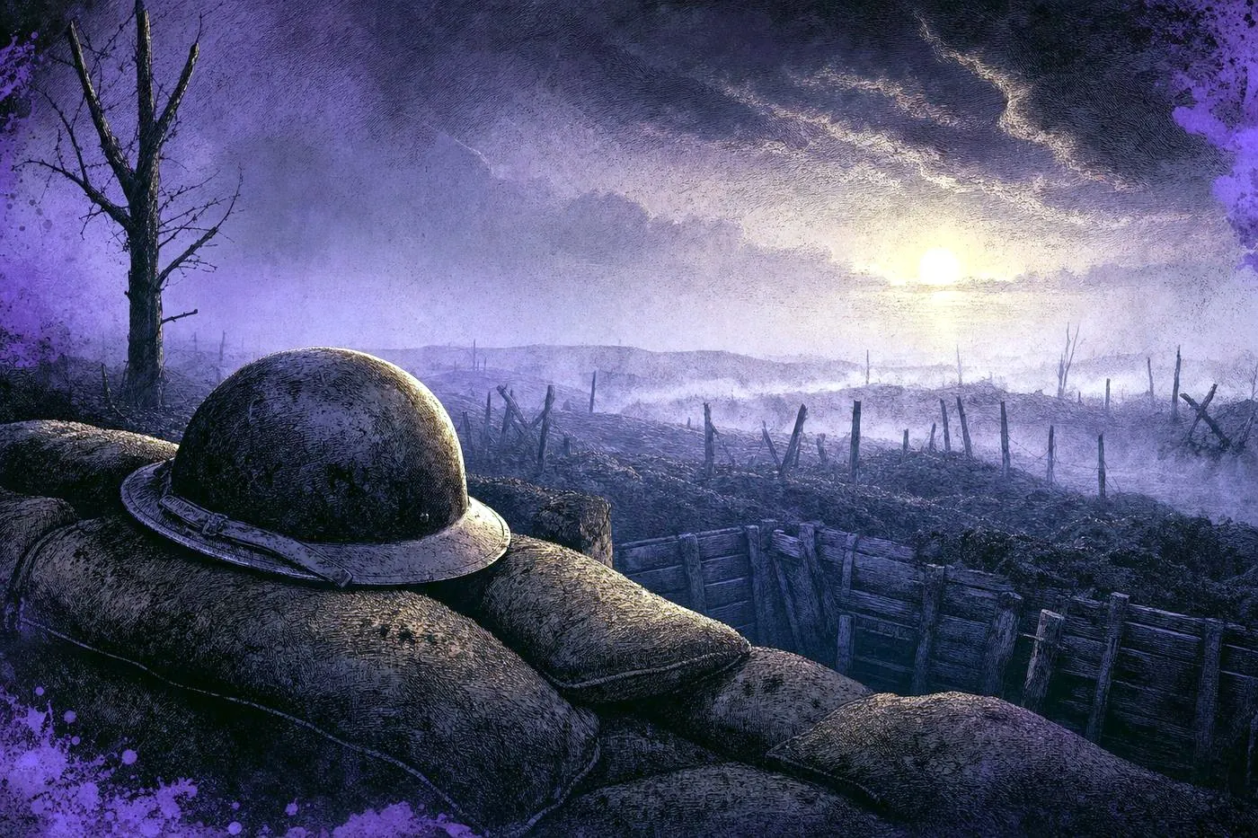 A misty dawn trench line with a lone helmet resting on a sandbag wall