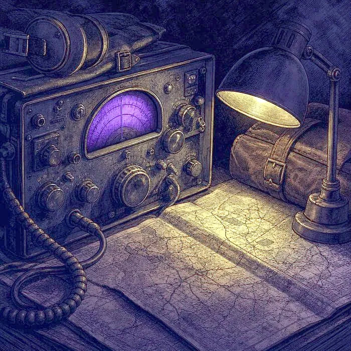 A close-up of an antique wartime radio set and a folded map