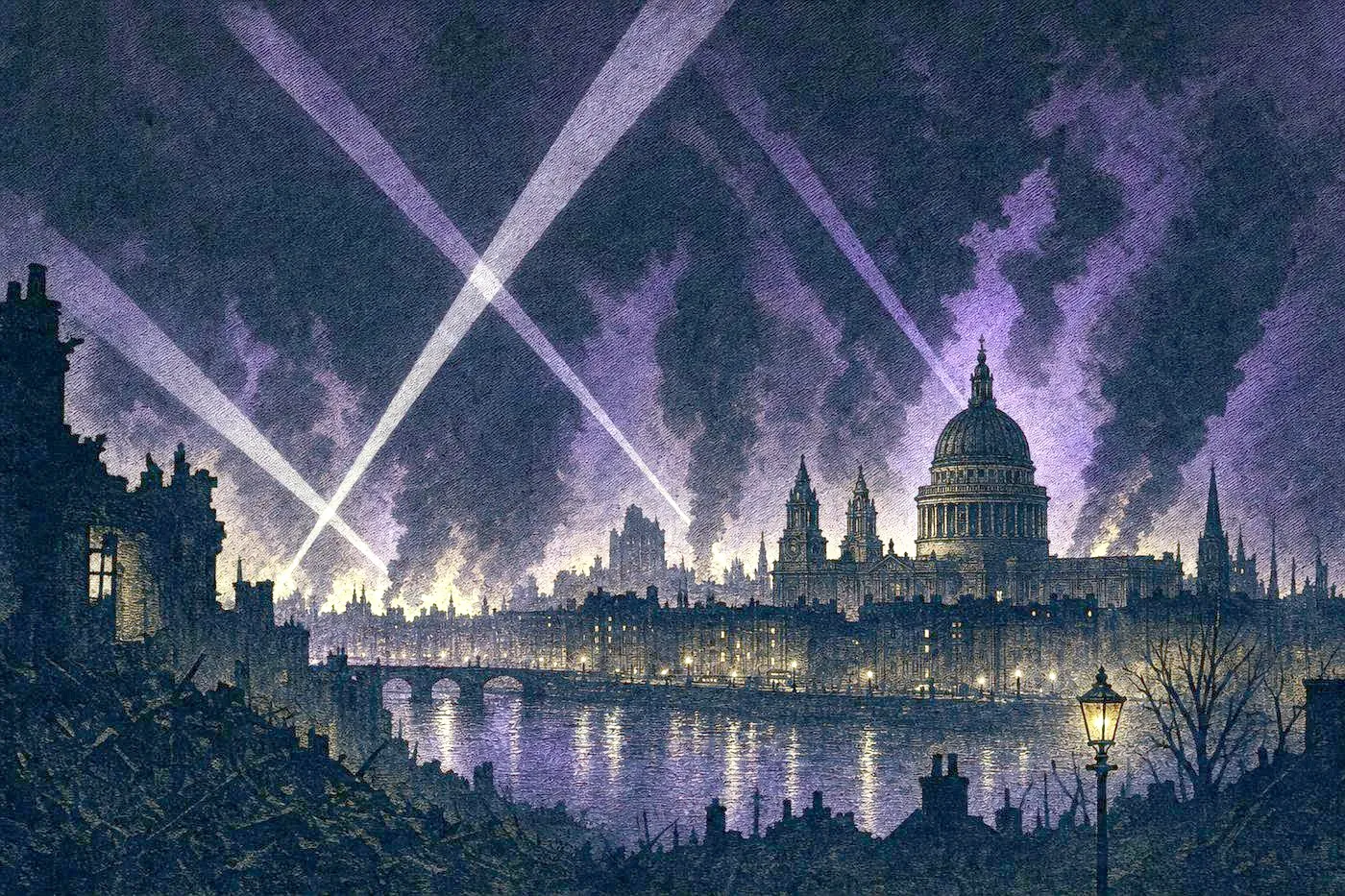 A wartime city skyline at night crossed by searchlight beams