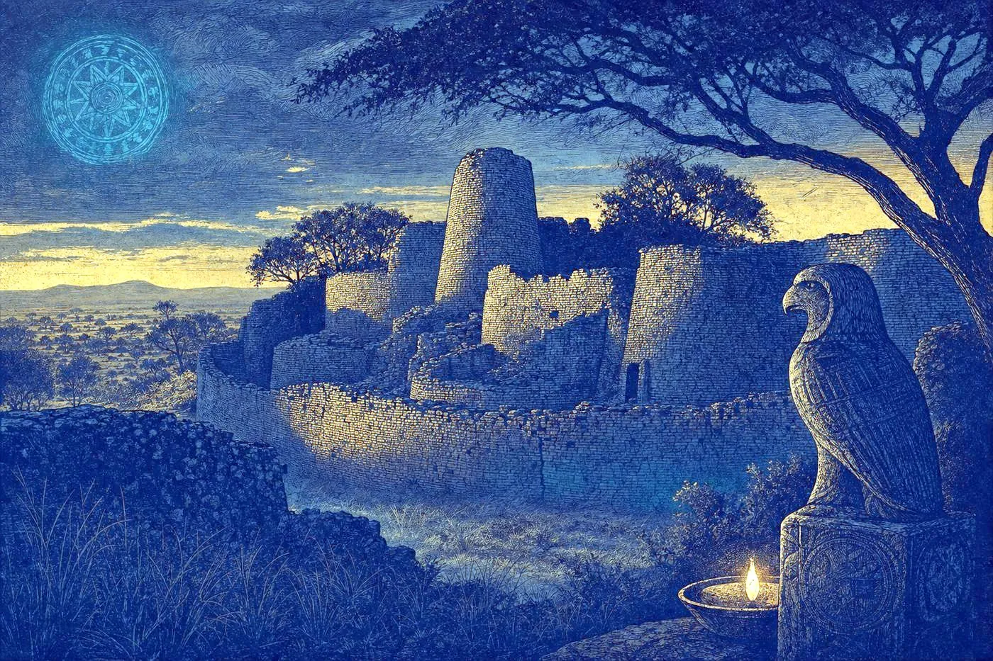The weathered stone ruins of an ancient walled city silhouetted at dusk on a savanna landscape
