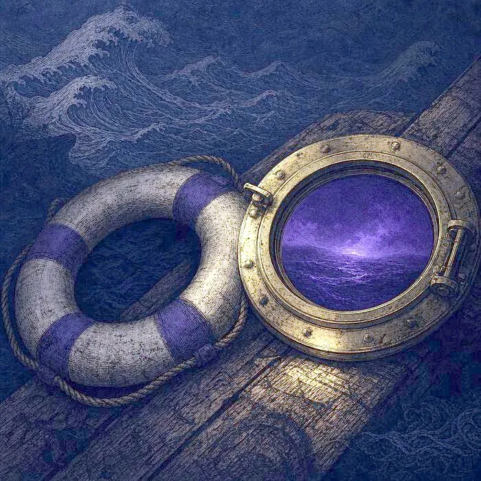 An empty lifebelt and a ship's brass porthole resting on dark timber
